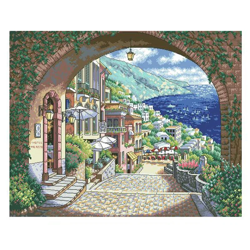 Amishop Top Quality Beautiful Lovely Counted Cross Stitch Kit Coastal View Hotel Sea City Seashore Beach Dim 35265