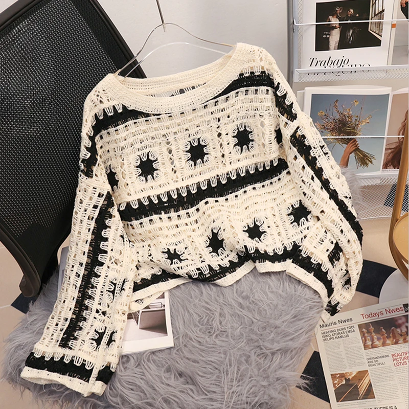 Oma vierkante gehaakte gebreide top voor dames Bell Sleeve opengewerkte gebreide trui Pullover tienermeisje Boho strandvakantie-outfit