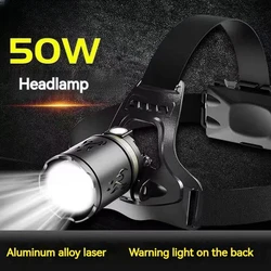 High Power Rechargeable HeadLamp 50W Birght Head Flashlight Laser Zoomable Head torch Type-C Charging Led Headlight For camping