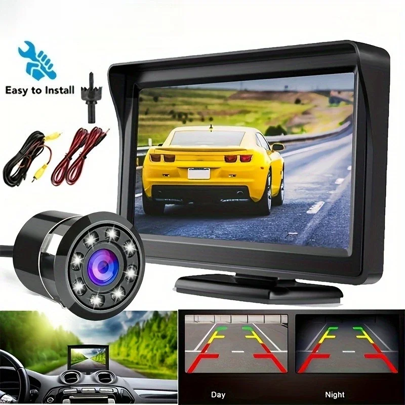Car Backup Camera System with 4.3-inch Display 8-LED equipped rearview camera kit for pickup trucks, SUVs, RVs, trucks, and vans