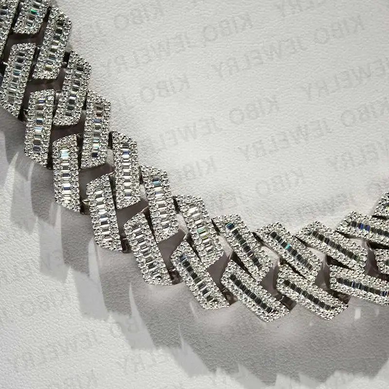 

Hip Hop Men Luxury Jewelry Moissanite Chain Cuban 20mm Width Baguette 3rows Moissanite Miami Full Iced Out Necklace