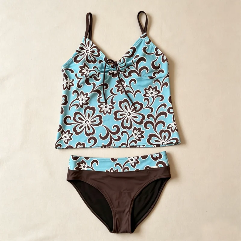 Women Retro Floral Print Tankini Swimsuit Spaghetti Strap Ruched V Neck Tank Top Matching Brief Two Piece Summer Beach Bathing S