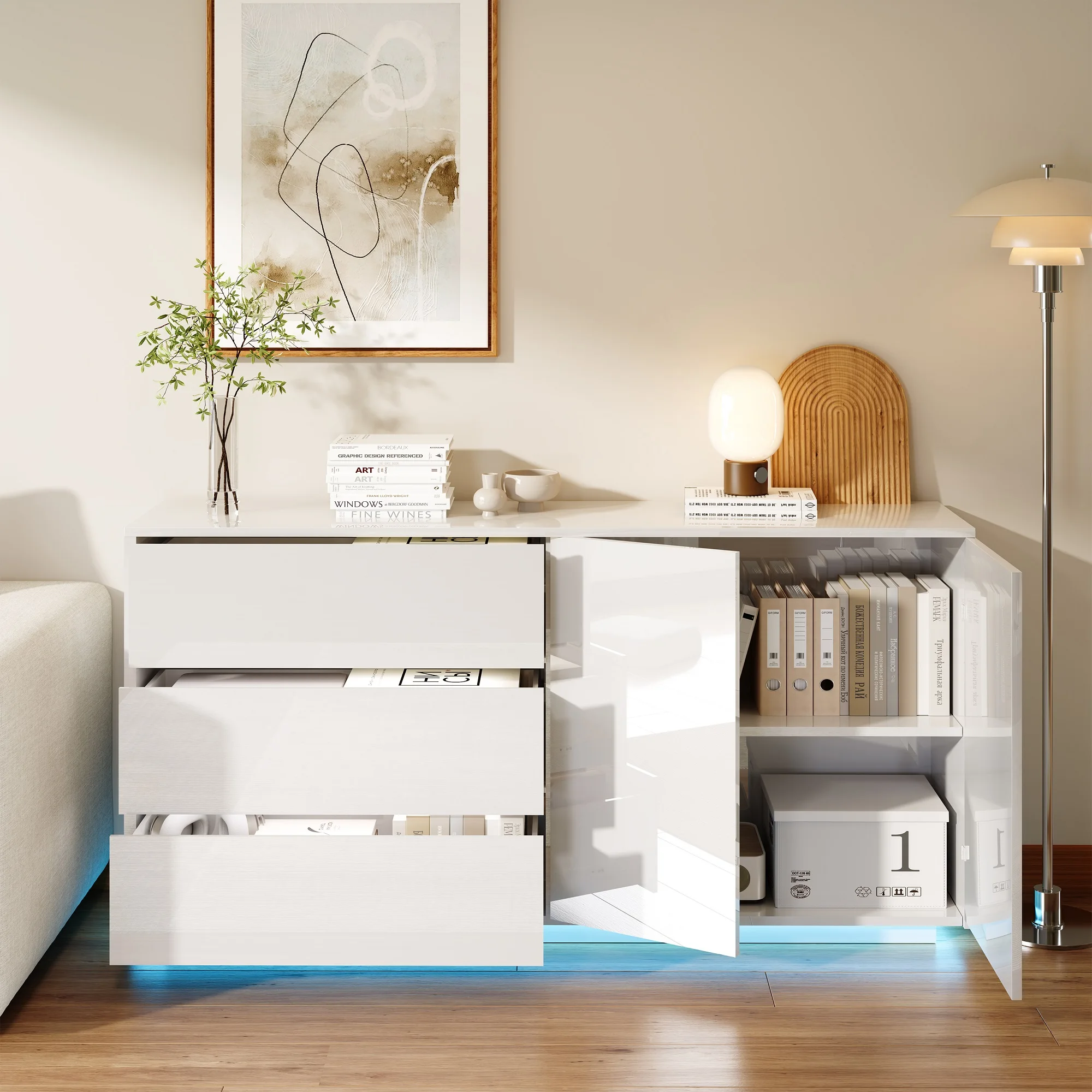 Rosahqnda Sideboard Hochglanzweiß mit LED, modernes Sideboard mit Tür und Schubladen, Buffetschrank, Kommode für die Küche – Detail 33