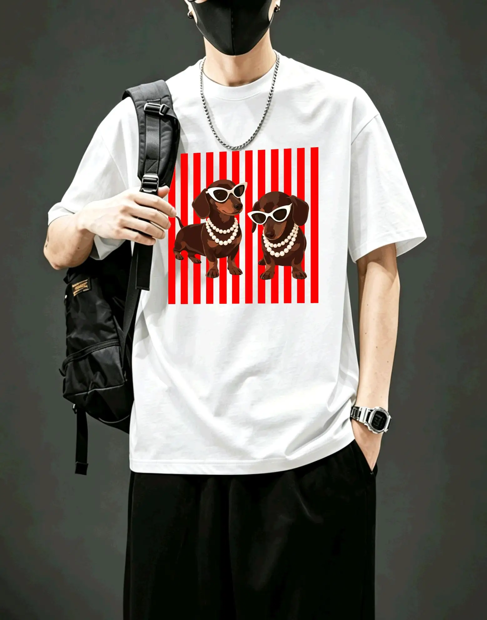 Pearl Dachshund Dog Printing Men'S T-Shirt Summer Casual T Shirts Soft O-Neck Short Sleeves Jogging Loose Couple Streetwear
