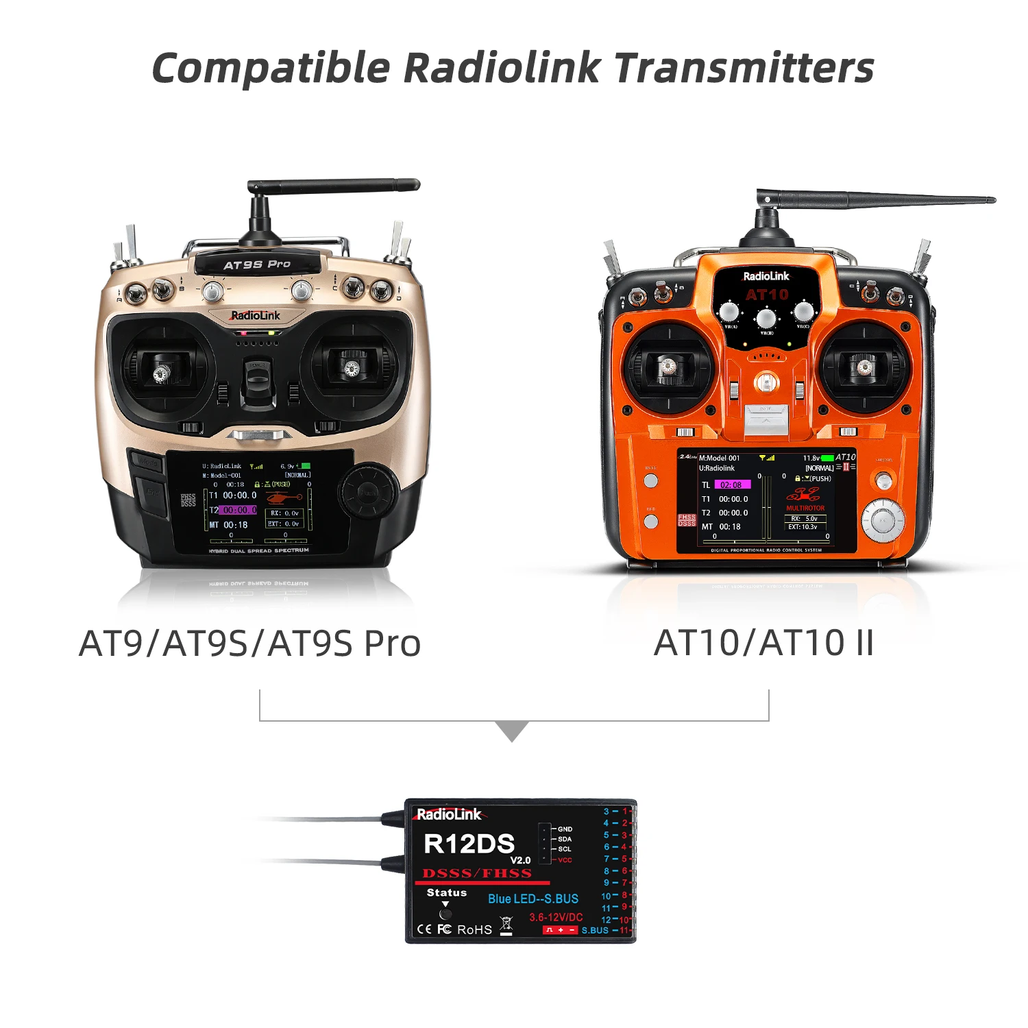 Radiolink 2,4 GHz R12DS 12 Kanäle RC Radio Empfänger Unterstützung SBUS/PWM DSSS & FHSS AT9/AT9S/AT9S Pro/AT10/AT10II – Detail 5