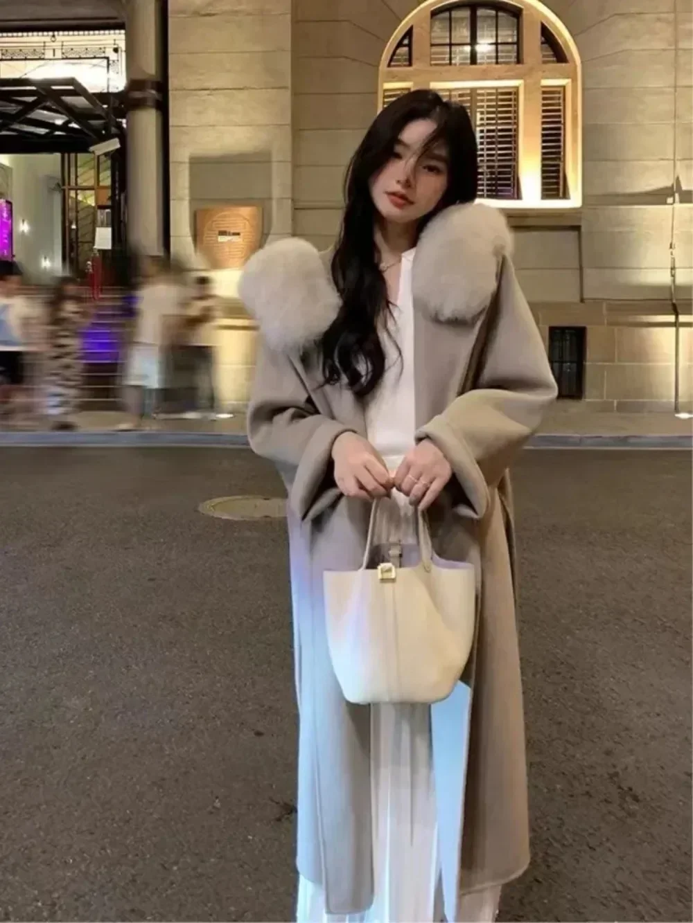 2024 New Design Hooded Fur Wool Natural Fox Fur Coats Outerwear Jackets with Belt Women\'s Overcoat Soft Woolen Coats Female