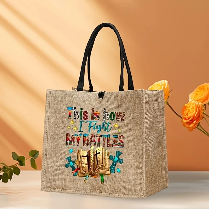 Christian Bible Cross Tote Bag This Is How I Fight My Battles Print Linen Handbag Reusable Shopping Shoulder Bag