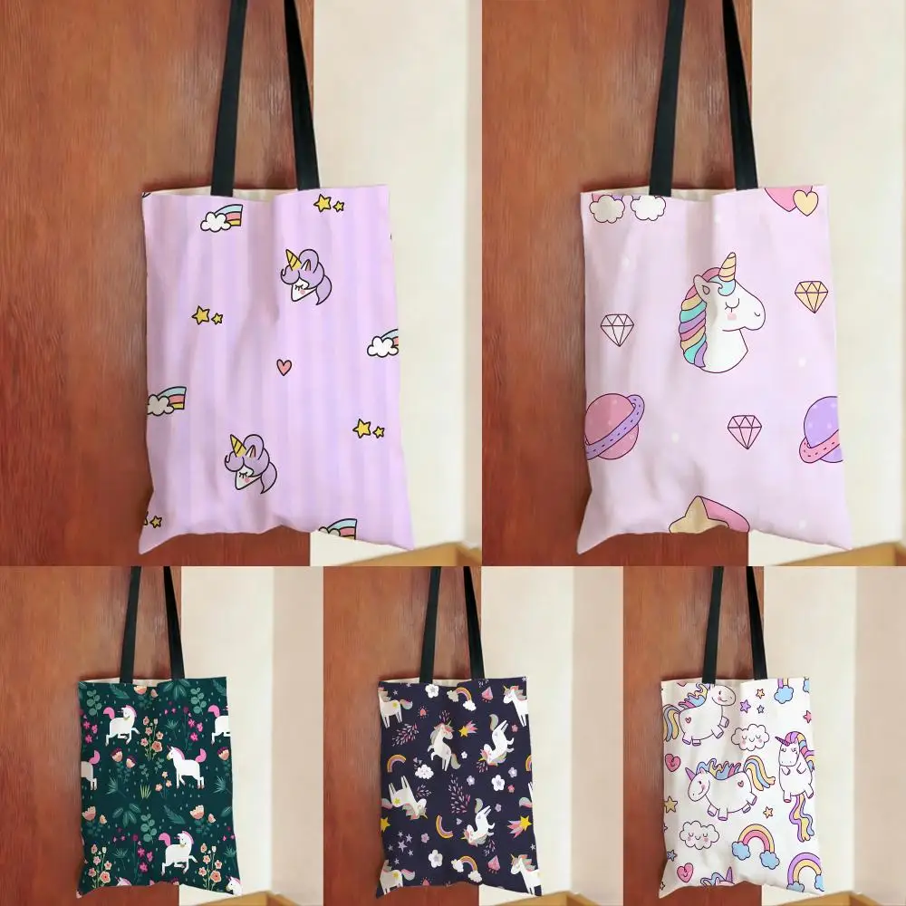 Childlike Cozy Cartoon Unicorn Characters Storage Bags Series Daily Print Bags Lightweight Shoulder Shopping Bags Tote Bag