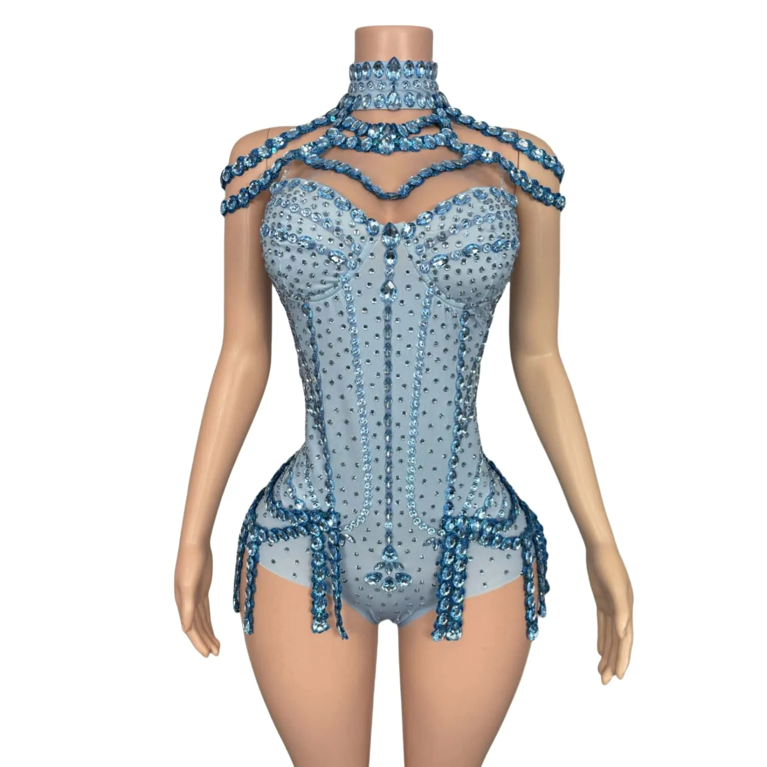 Tianlan-mono con corsé Sexy, chal con cuello desmontable, traje de actuación de Bar con diamantes de imitación azules, vestido de baile de celebridades