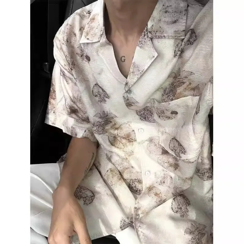 

Summer Large Size 300 Pounds Vintage Cuban Collar Floral Shirt Men's Short Sleeve High-End Feeling Cool Handsome Shirt Five-S...