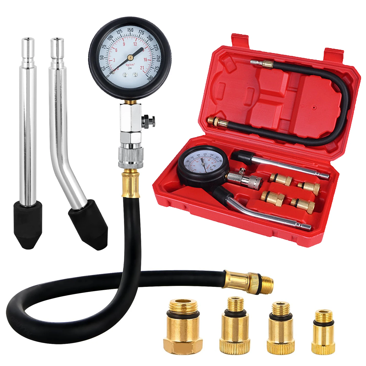 Fuel Engine Compression Meter with M10 M12 M14 M18 Adapter 0-300 PSI Pressure Gauge Automotive Cylinder Tester Kit