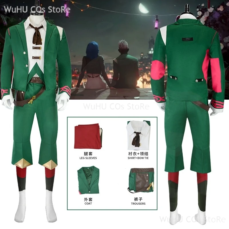 

Game LOL Arcane 2 Ekko Boy Who Shattered Time Cosplay Costume Green Coat Stripe Shirt Uniform Wig Man Halloween Carnival Suit