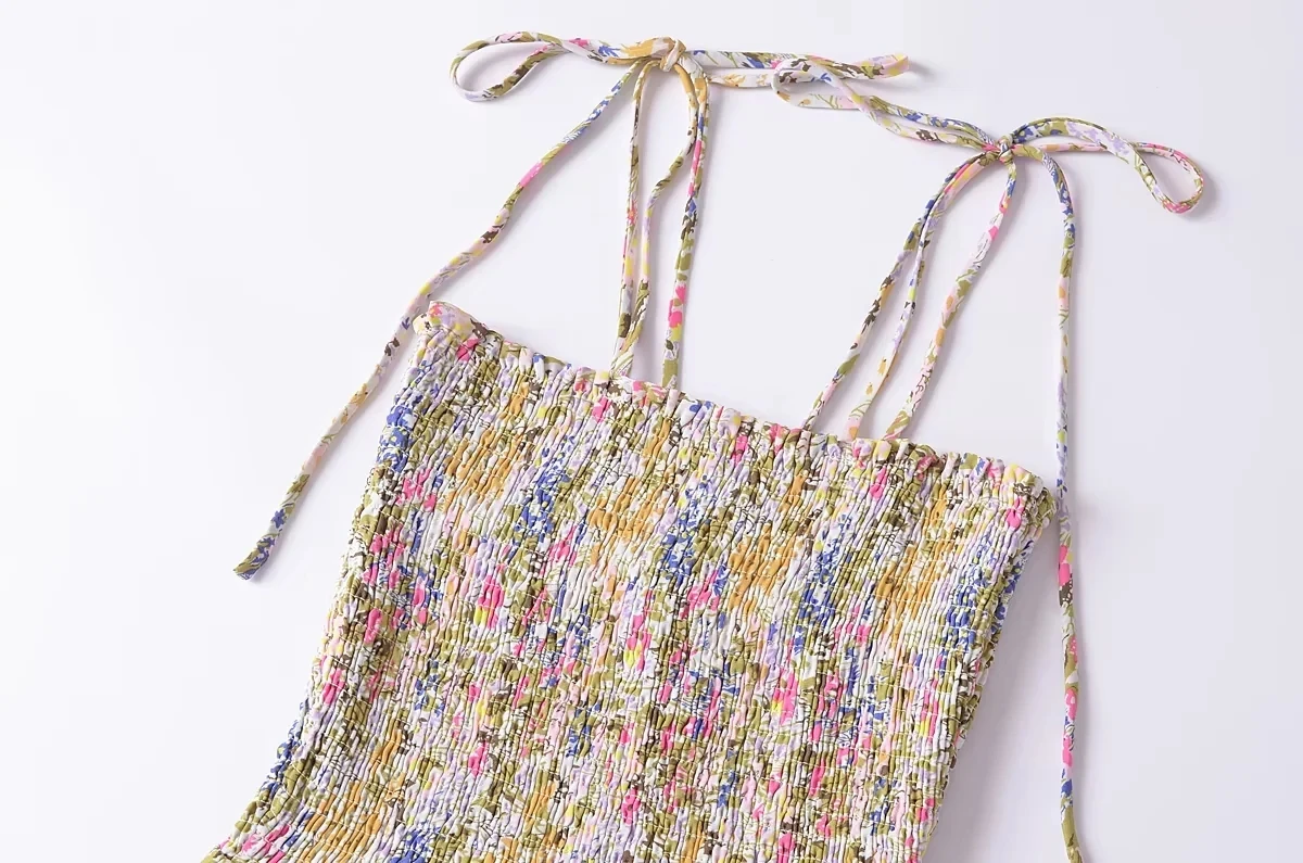 Summer New Sle Vintage Floral Print Pleated Elastic Waist Slimming Strap Dr Commute Single Piece Other Material 00%