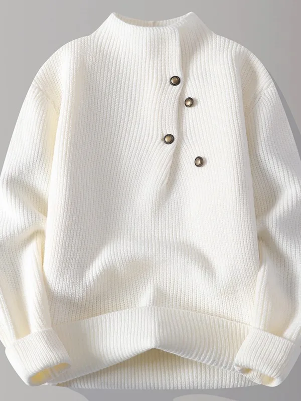 

Мужской вязаный свитер свободного кроя с высоким воротником на пуговицах, однотонный, теплый, зимний, из полиэфирного волокна, с длинными рукавами