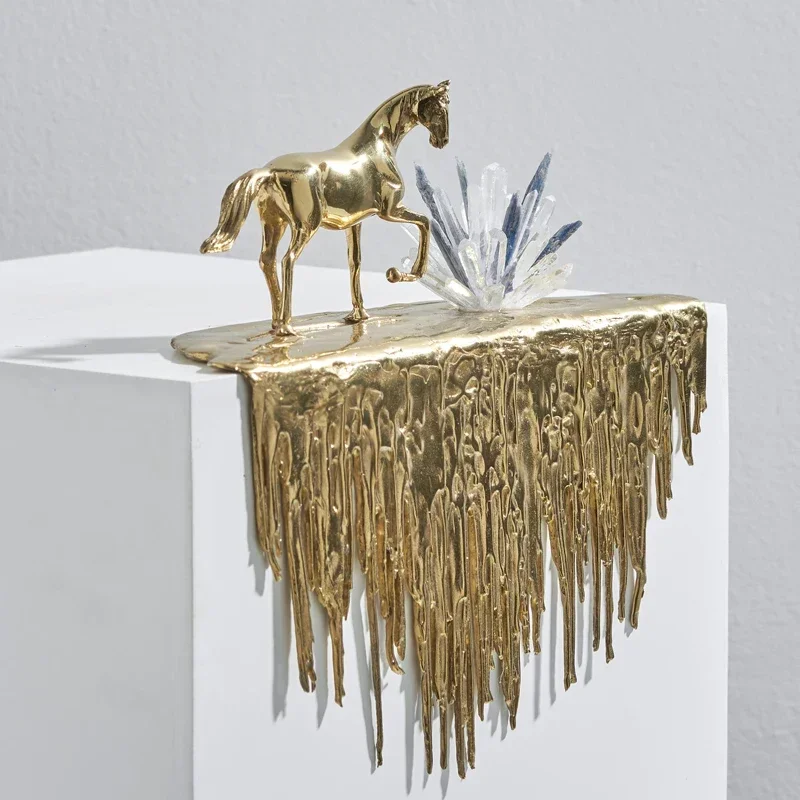 Home Decoration Accessories Living Room Gold Horse Statue Walking On The Edge Of The Waterfall Luxury Lucky Interior Soft Horse