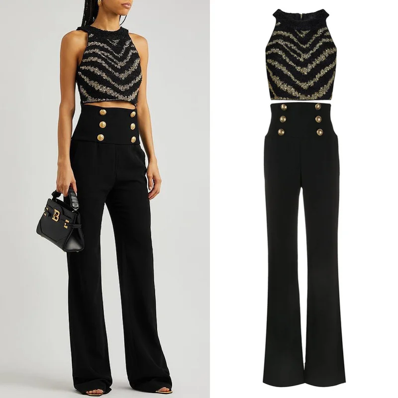 

2025New Summer Heavy Vest+Black Wide-Leg Pants Elegant Commuting High-Waisted Flared Trousers Long Pants