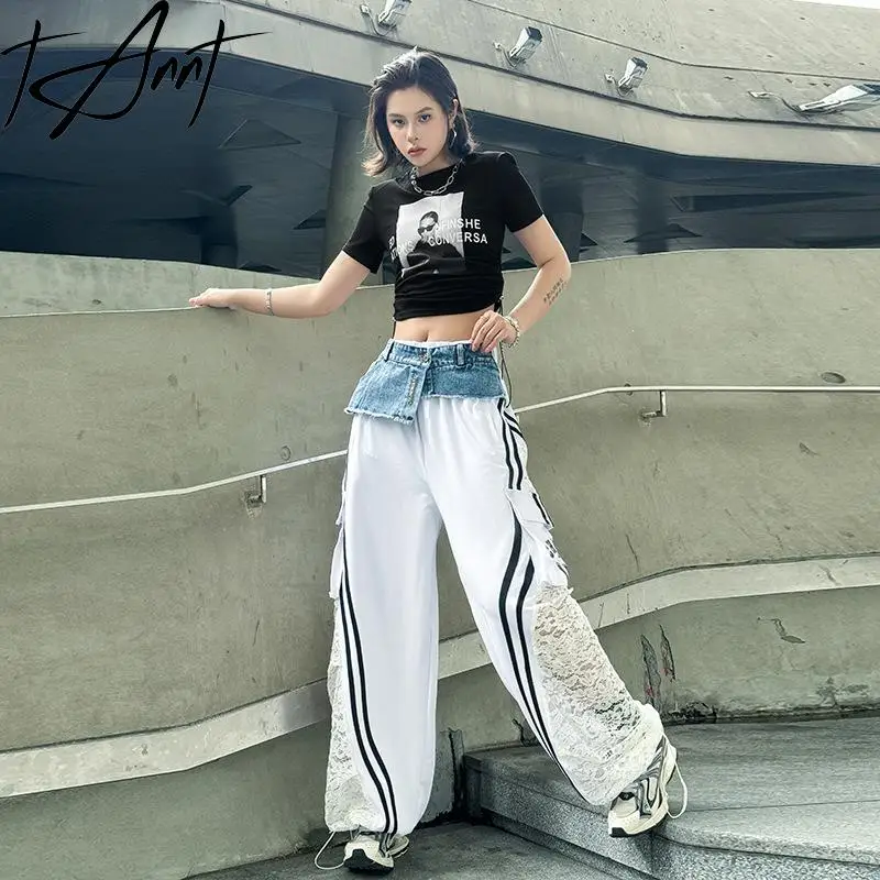 

Tannt Women Pant Asymmetry Lace Denim Patchwork High-waisted Casual Pants Irregular Color Matching Fashion Trousers 2025 New