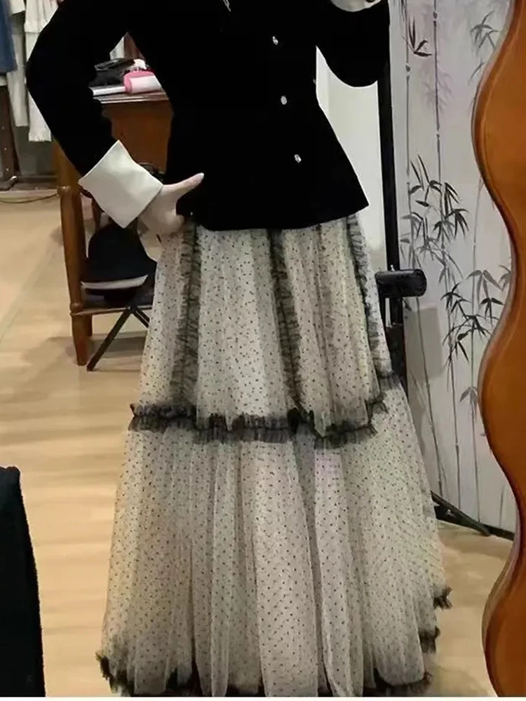 Sweet Polka Dots Long Skirt Women Mesh Patchwork French Romantic Casual Skirts Fall Winter Fashion Loose A Line High Waist Skirt