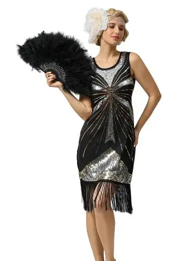 

1920s Flapper Dress Coustume Sparkly Sequin Fringe Little Black Dress Crew Neck Sleeveless Party Club Tank Dress