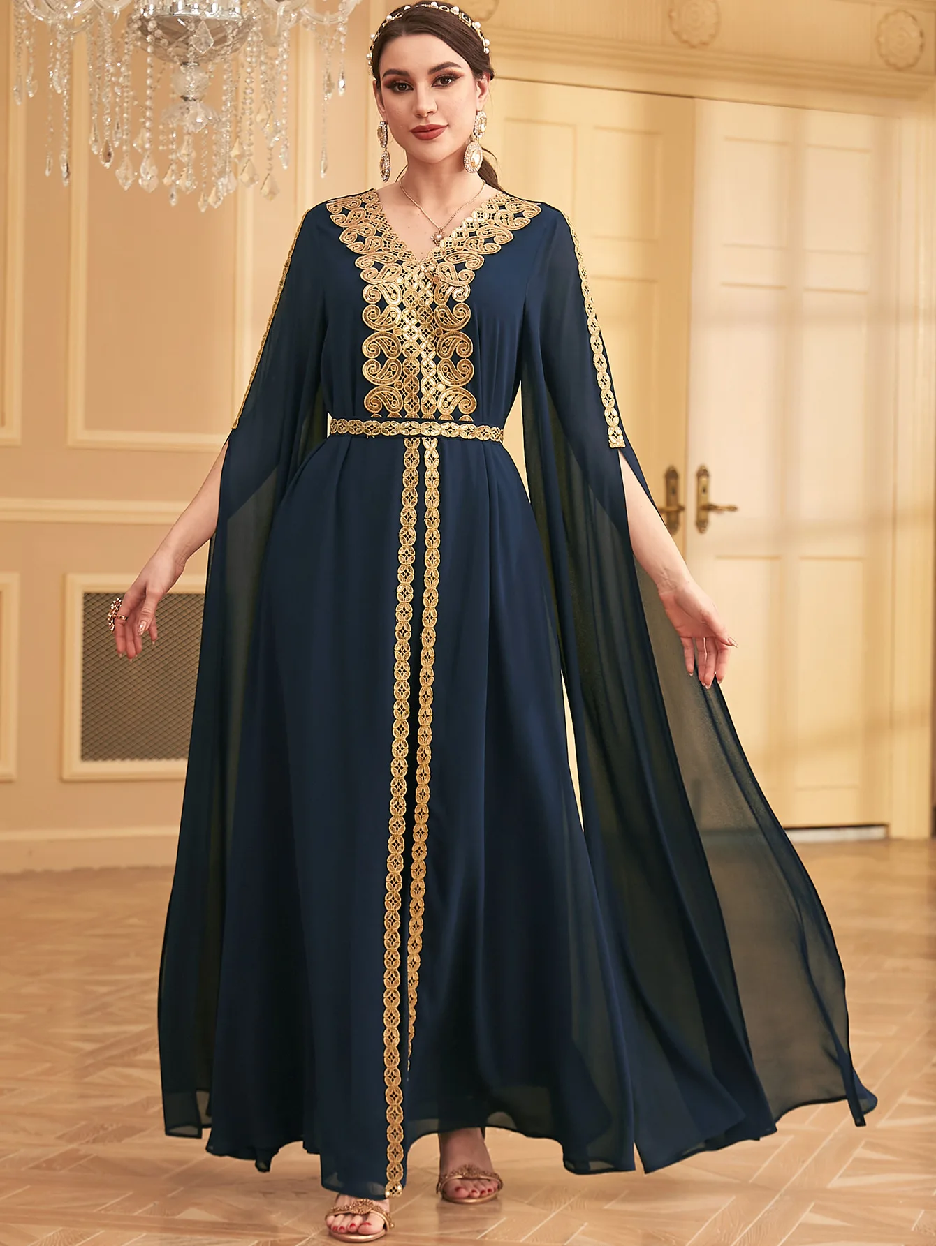 Muslim Women Evening Dress Elegant Chiffon Party Embroidery Largo Tape Trim Belted Abaya Moroccan Caftan Dubai Kaftan Jalabiya