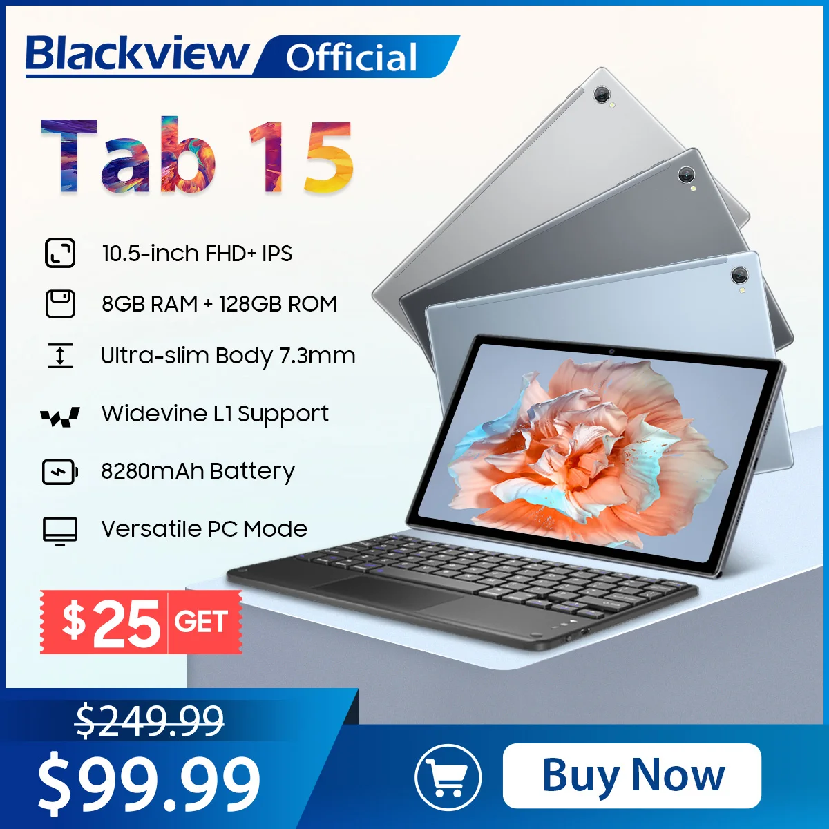 Blackview Tab 15 планшет с 10,1-дюймовым дисплеем, восьмиядерным процессором Unisoc T610, ОЗУ 8 Гб, ПЗУ 10,51 ГБ, 128 мАч, 13 МП