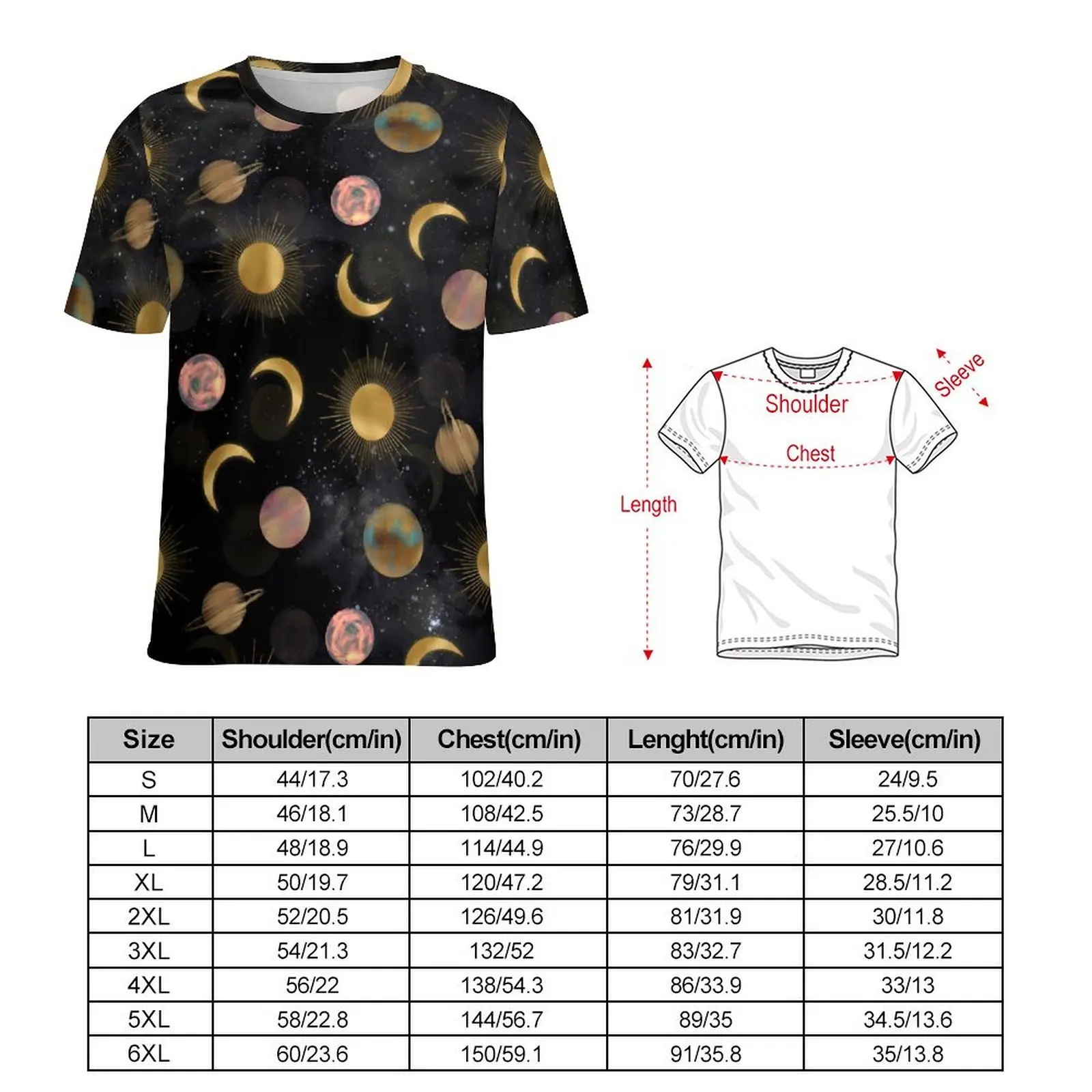 Gold Sun Moon T Shirt Planets Space Popular T Shirts Men Streetwear Tshirt Premium Short Sleeves Graphic Tees Plus Size 6XL