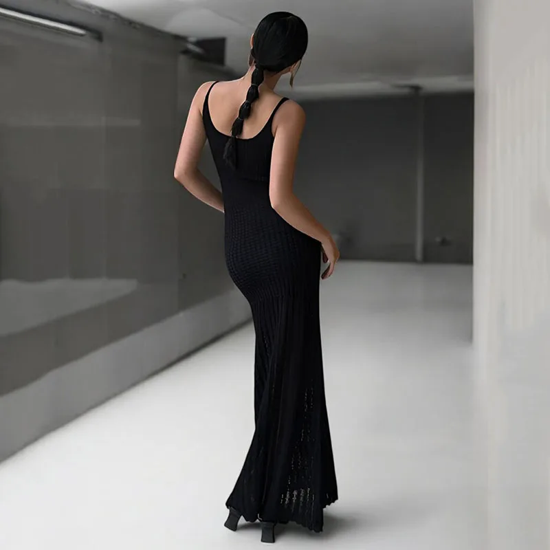 Vestido francês de malha sem costas com alça espaguete feminino verão transparente decote em V vestido longo e fino