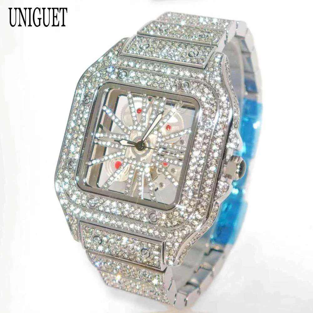 

Hot Fashion Hollow Out Watches Men Brand UNIGUET Luxury Stainless Steel Hip Hop Ice Diamond Quartz Wristwatch Male Dropshipping