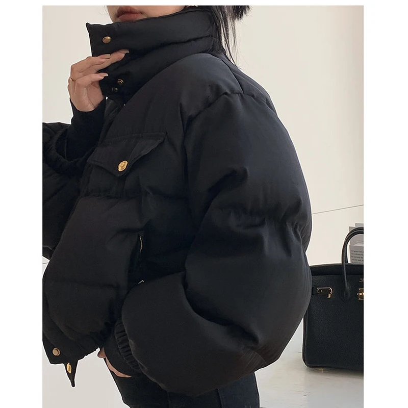 Gidyq Women Korean Parkas Winter Casual Streetwear Female Loose Cropped Puffer Coats Fashion Designed Button Puffy Jacket New