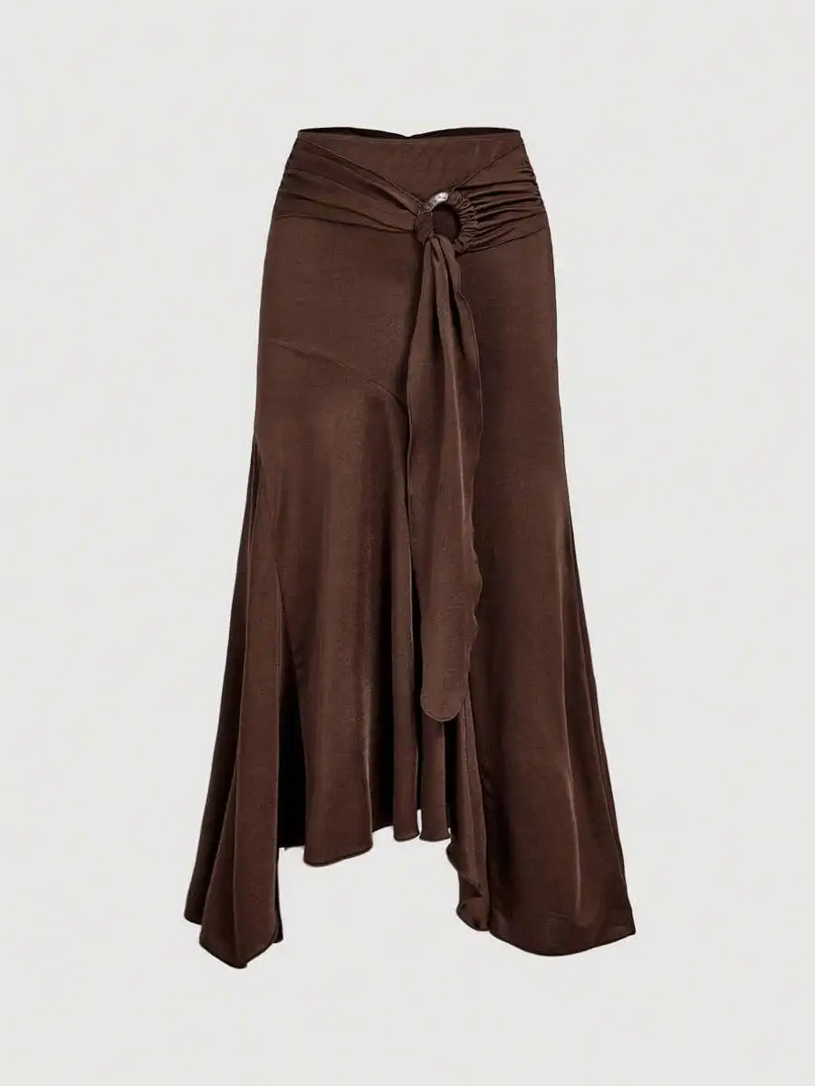 

High Waist Wrap Skirt Asymmetrical Hem Midi Skirt Brown Tie Front Ruched Detail