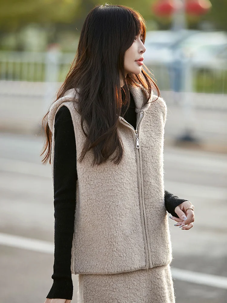 

Merino 100% Wool Women's Vest Hooded Zipper Cardigan Autumn Winter Thick Casual Fashion Knitted Cashmere Sweater Sleeveless Top