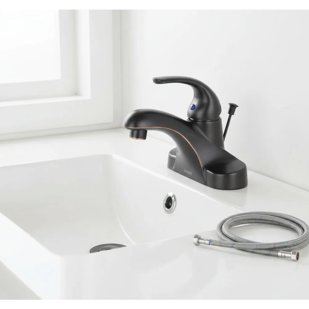 

Single Handle Commercial Bathroom Faucet Oiled Bronze 4 Inch Centerset Basin Sink Mixer Tap with Lift Rod Drain