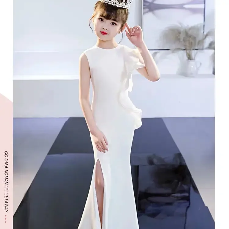 Vestido de noche blanco con volantes y abertura lateral para niños, vestidos de baile Bodycon para niñas, vestidos de fiesta de boda de sirena