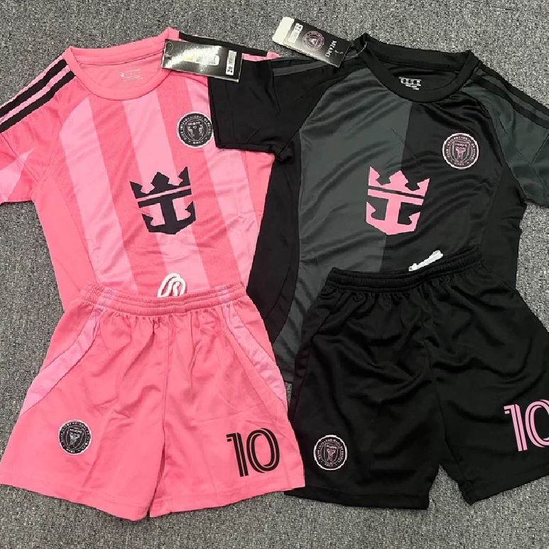 ملابس تدريب كرة القدم للأطفال، قميص ميامي ميسي 0 للمنزل والخارج، زي كرة قدم سريع الجفاف للأولاد والبنات باللون الوردي، طقم قصير