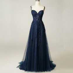 Customized Navy Blue Evening Dresses Spaghetti Straps Beads Appliques Prom Party Gowns Formal Side Slit robes de soirée