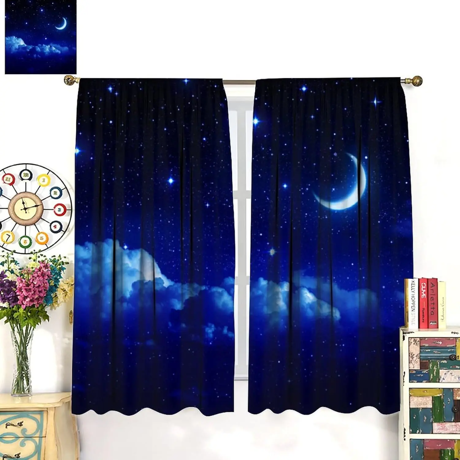Blue Starry Sky Curtains,Fantasy Night Sky Cloud Galaxy Romantic Moon Starry Scenery Print Rod Pocket Window Treatments for Kids