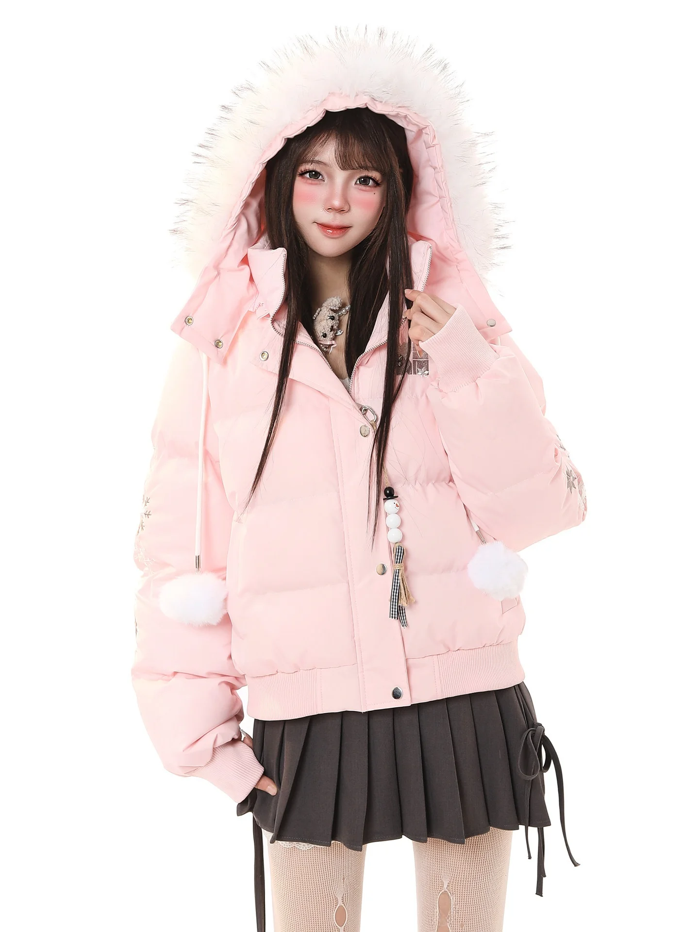 

Молодежная теплая хлопковая куртка с вышивкой снежинок и капюшоном для женщин, свободного кроя, в студенческом стиле, зимняя, утепленная