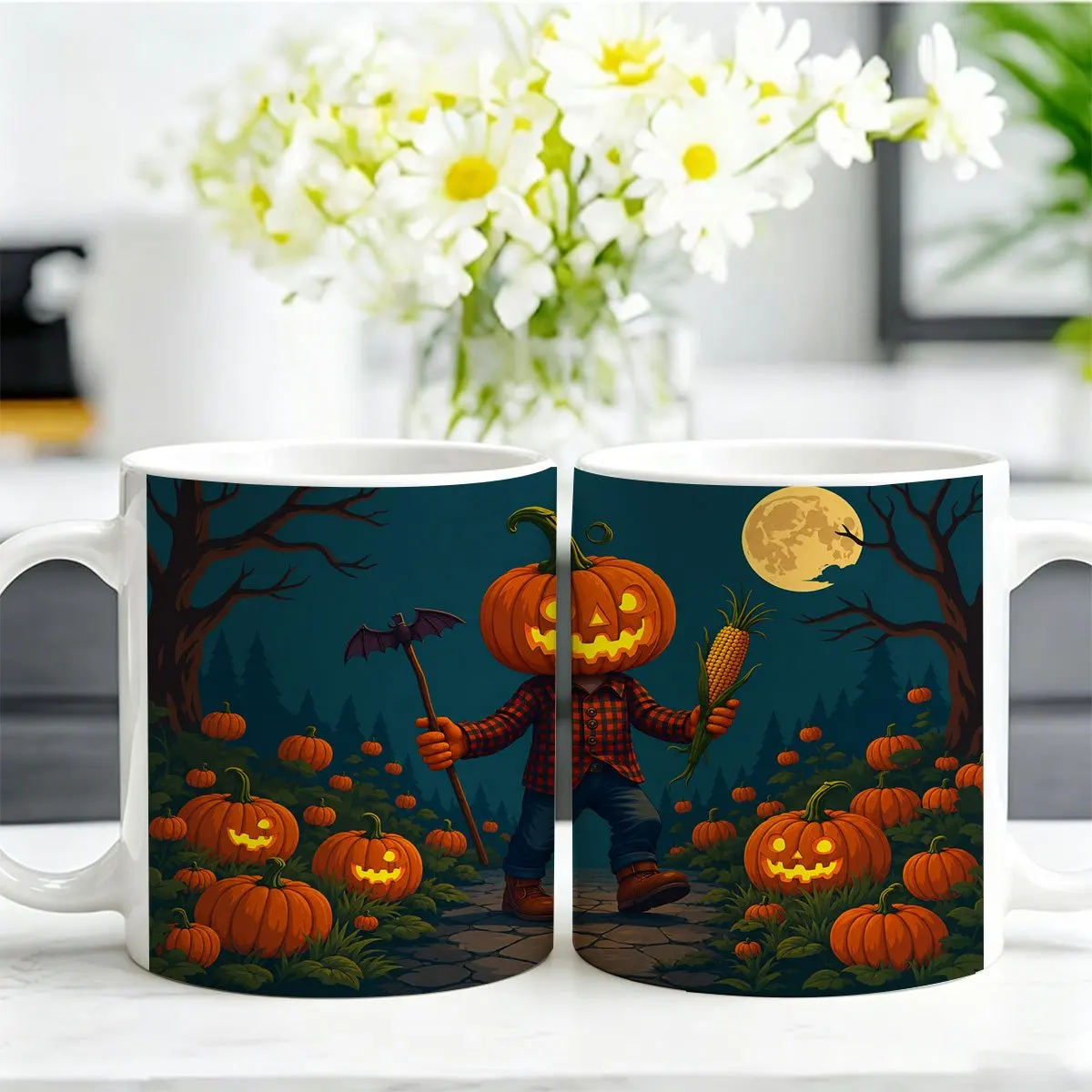 1pc 11Oz Multicolor Mug Halloween Pumpkin Head Character Holding Corn And Scythe in Moonlit Patch Design for Daily Use Ideal Gift for Friends Family Colleagues During Autumn Harvest Festival Or Spooky Season Celebrations