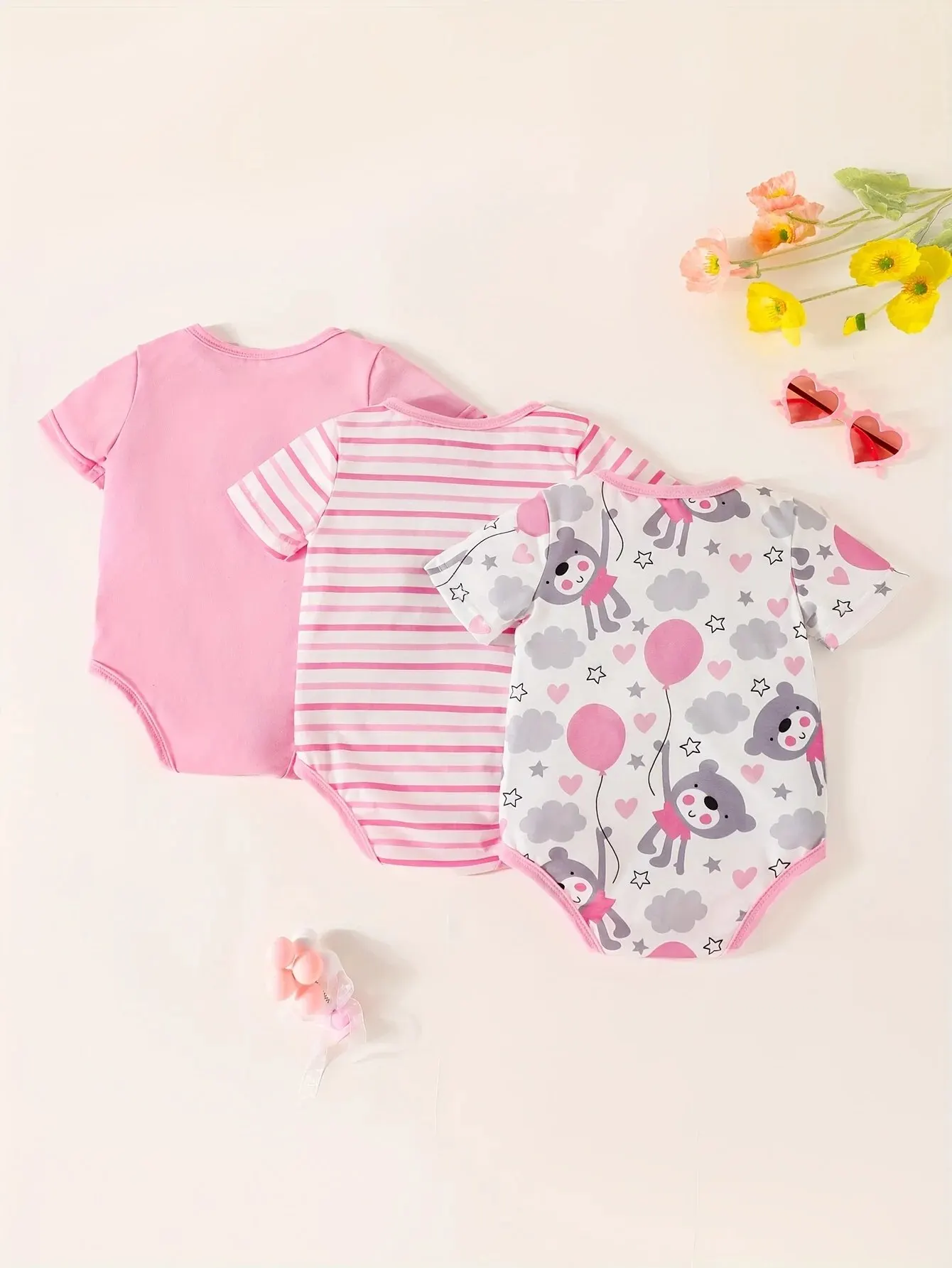 3 Pieces Summer Cute Newborn Baby Short Sleeve Onesie Baby Girl Soft Comfortable Breathable Triangle Dress Bear Print Baby Girl