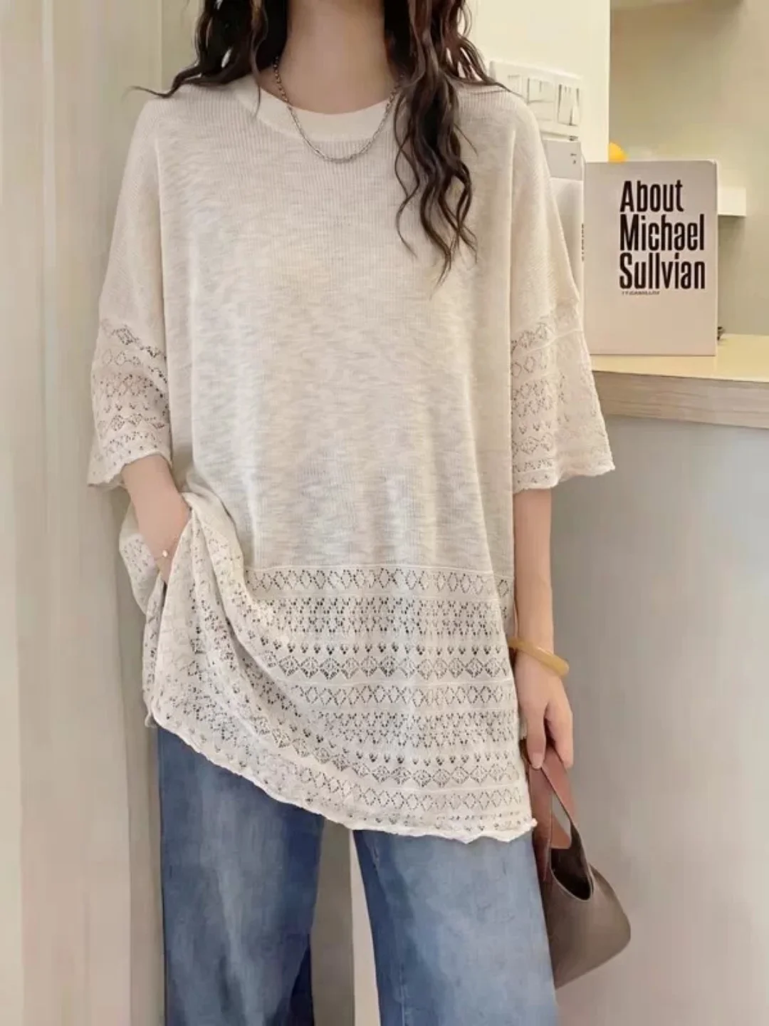 Lightweight Hollow out Knitted Top for plus Size Women round Neck Five Sleeve Casual Style mid Length Summer Shirt