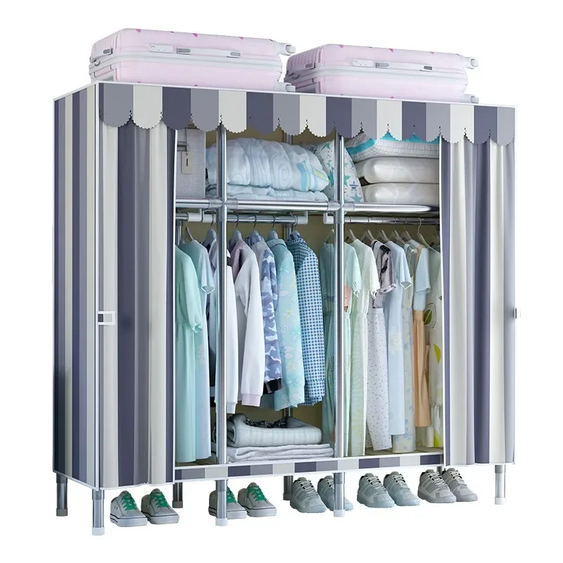 

150cm Portable Canvas Closet Double Sliding Door Clothes Storage Cabinet DIY Clothes Organizer Cloth Wardrobe