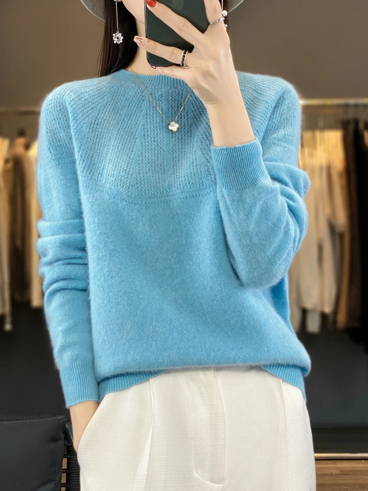 Autumn Winter Women Sweater O-Neck Long Sleeve 100% Merino Wool Hollow Solid Pullovers Cashmere Knitwear Korean Popular Clothes