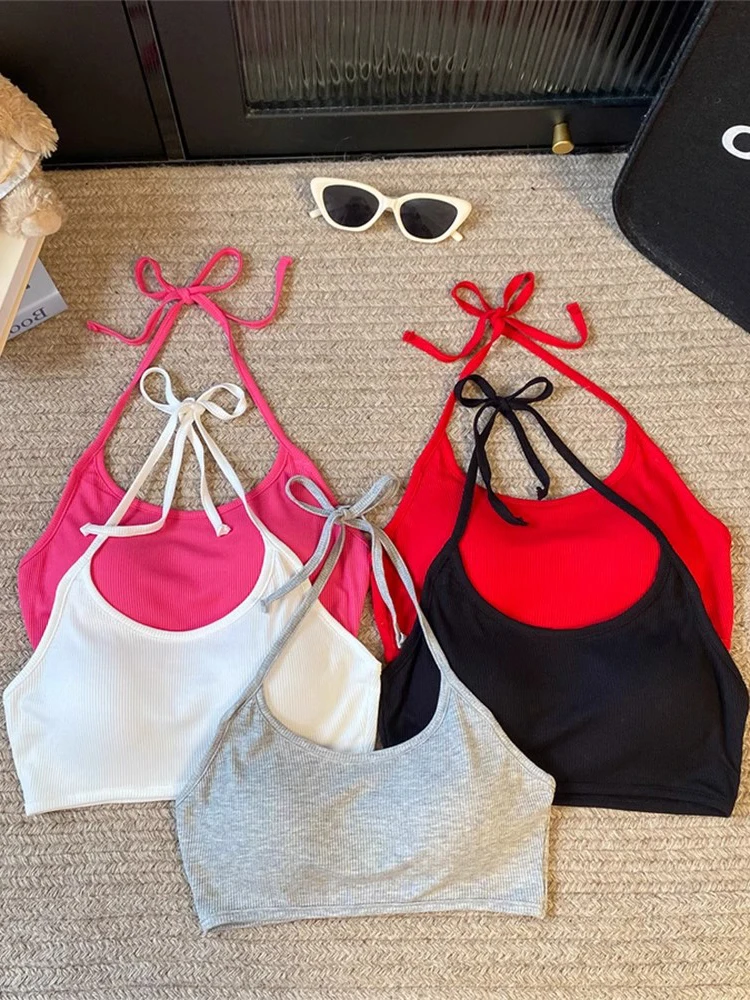 Sexy Tie-Back Strap Vest Top Women's Summer Beach Vacation Short Style Inner Wear Outer Wear with Chest Pad Belly Button Bari...