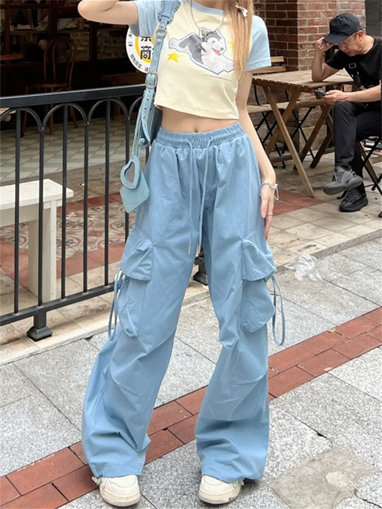 

2024 Korean Style Blue Cargo Pants Women Y2K Streetwear Retro Wide Leg Parachute Trousers Oversize Harajuku Pockets Pantalones