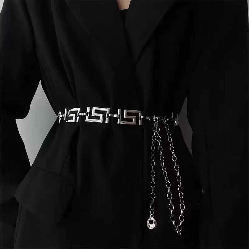 Greek Key Geometric Linked Metal Waist Chain Glossy Decor Body Belly Belt for Women Jeans Crop Top Dress Daily Outfit Accessory