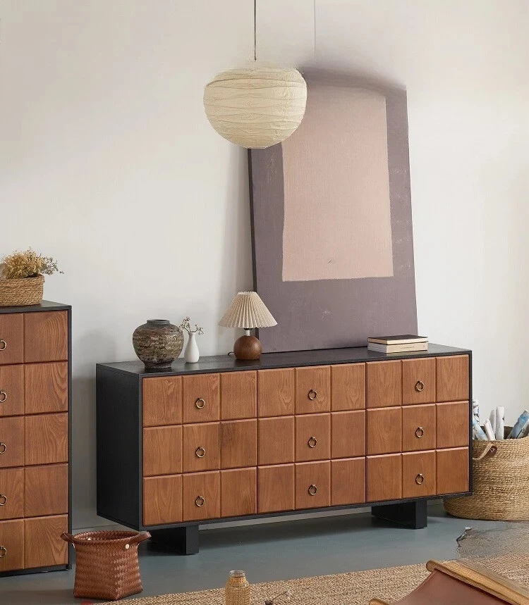 A  Medieval solid wood nine-bucket cabinet wabi-sabi locker Nordic storage side cabinet walnut color