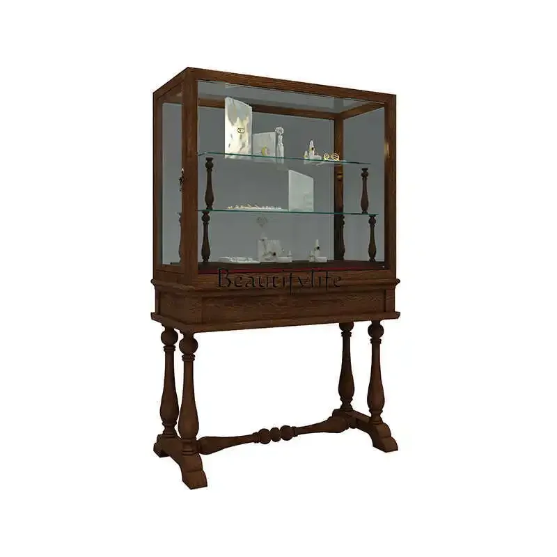 

LEuropean Solid Wood Medieval Jewelry Museum Jade Exhibition Glass Display Cabinet