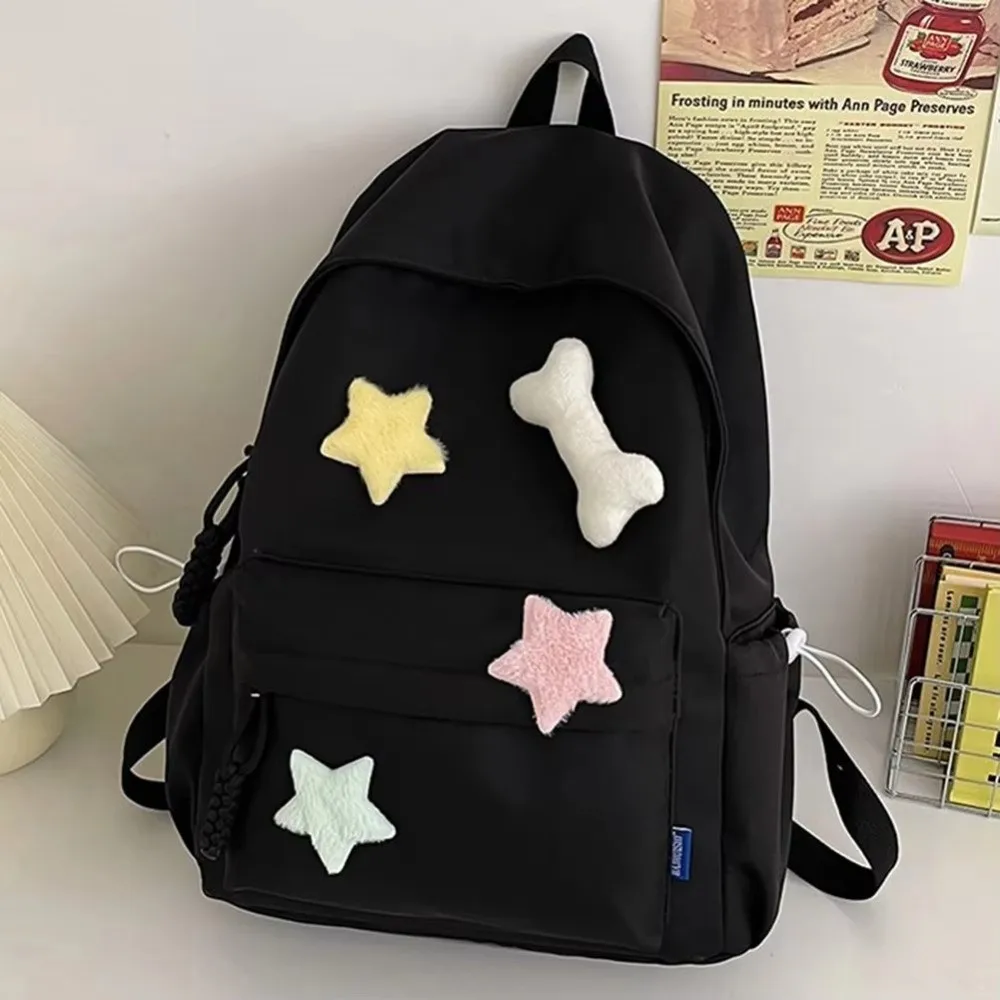 Cute Canvas Star Backpack Adjustable Straps Zippered Closure School Bag Multi-Compartment Large Capacity Casual Backpack Girls