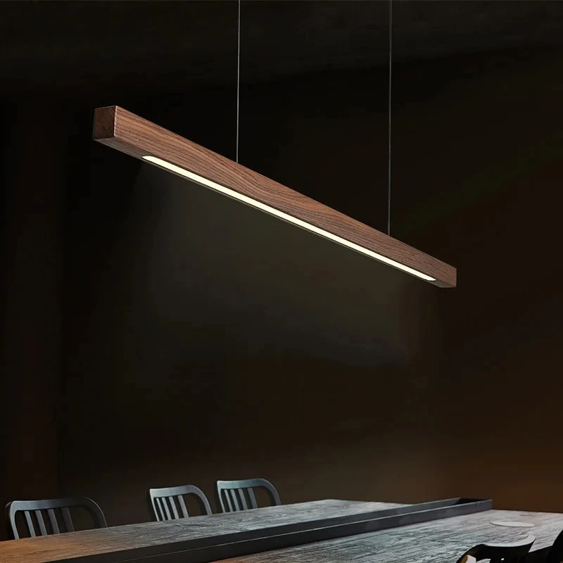 Black Walnut Nordic Dining Room Long Strip Pendant Light Fixture for Table Bar Office Simple Log Home Decor