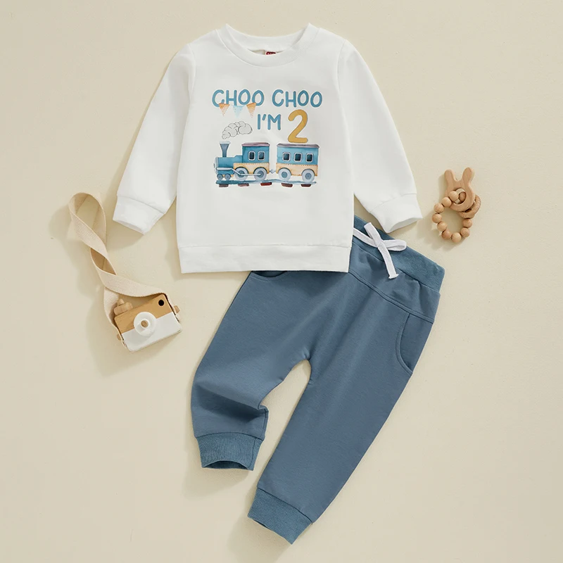 

2Pcs Fall Clothes Set Toddler Boys Birthday Outfits Letter Train Print Long Sleeve Sweatshirts Long Pants